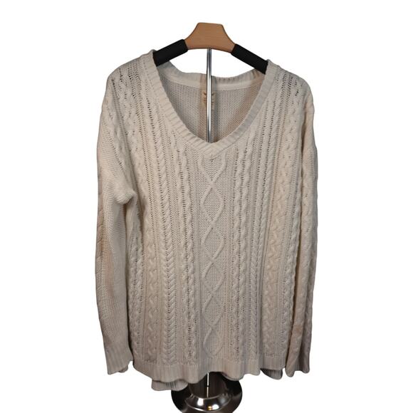 Faded Glory Fisherman Sweater Textured High Low Tusk Ivory Cable Knit Sz 16-18 - Picture 1 of 16